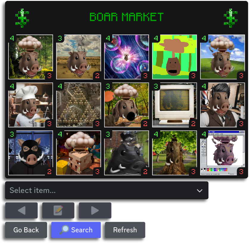 An overview page in the Boar Market with buy and sell prices for eight different boars. Beneath are navigation buttons.